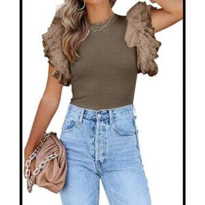 Ribbed Brown Top With Polka Dot Mesh Ruffle Sleeves Short-Sleeve Stretchy Size M